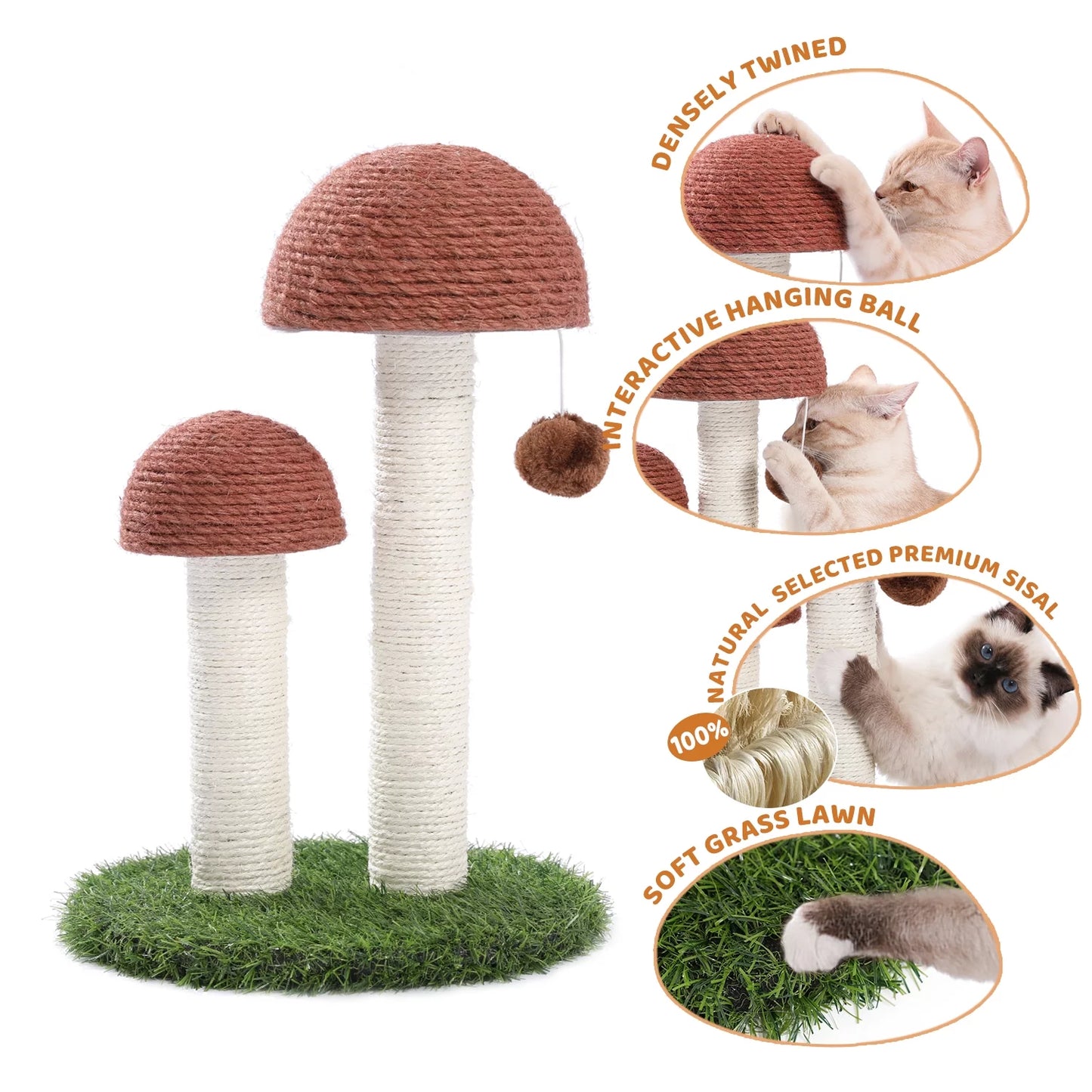 Delightful 19" Brown Mushroom Cat Scratching Post with Sisal for Kittens and Small Cats