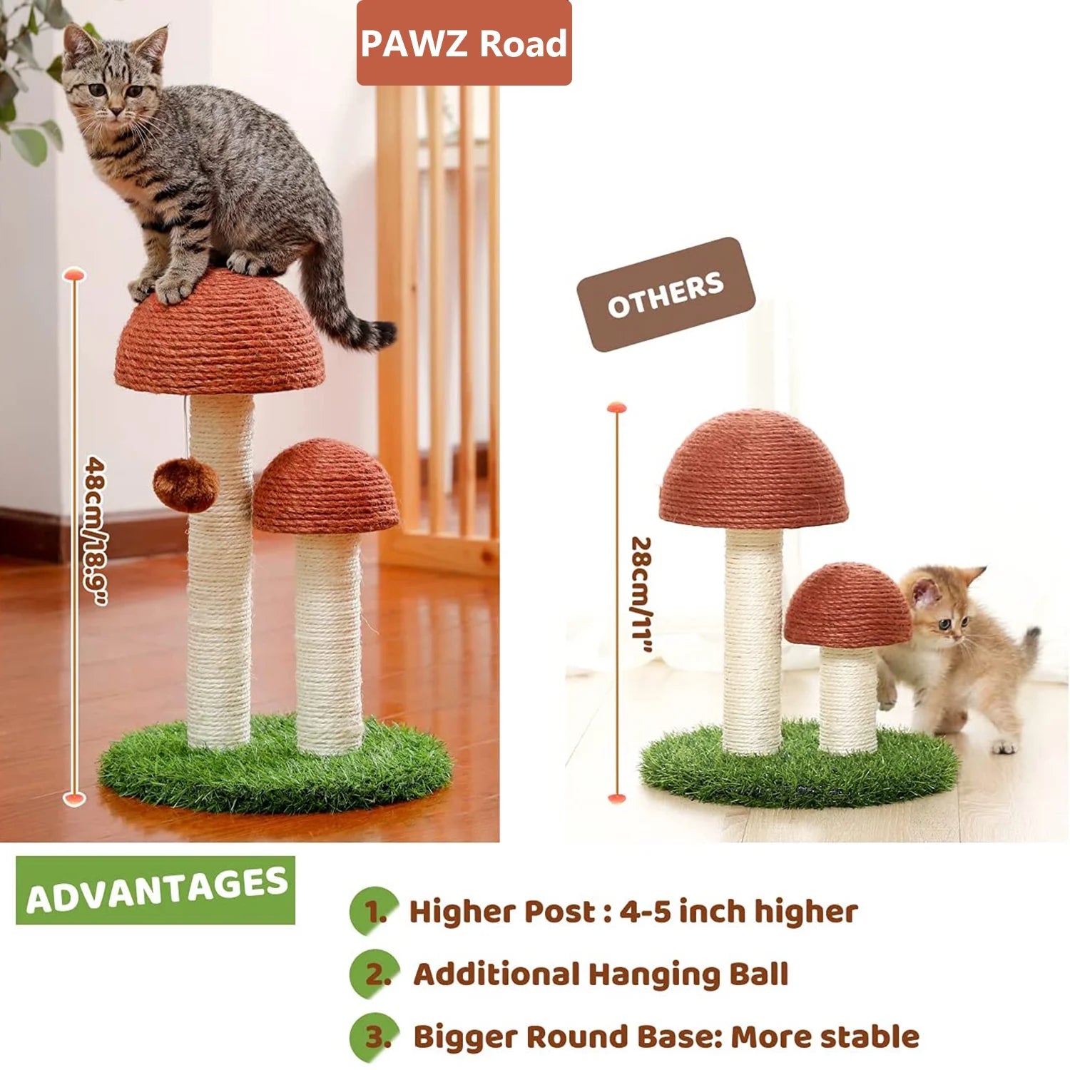 Delightful 19" Brown Mushroom Cat Scratching Post with Sisal for Kittens and Small Cats