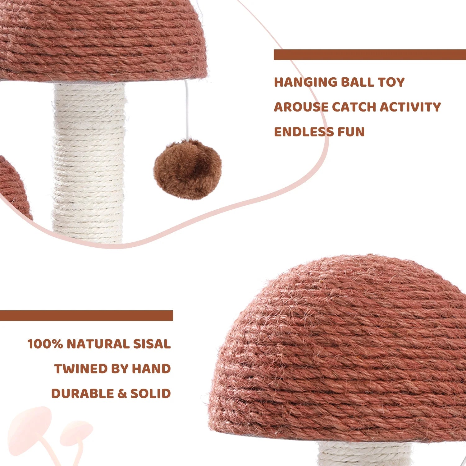 Delightful 19" Brown Mushroom Cat Scratching Post with Sisal for Kittens and Small Cats