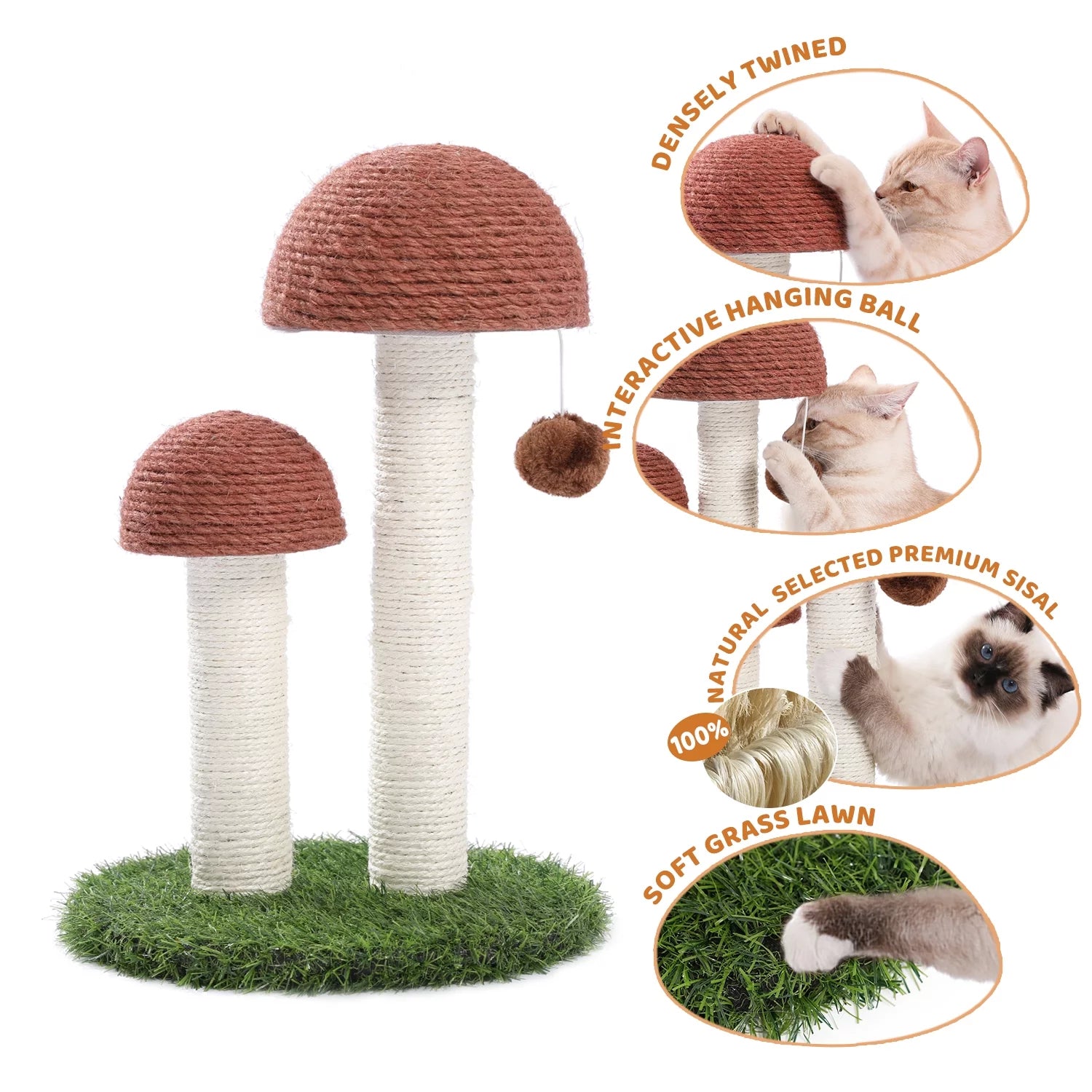 Delightful 19" Brown Mushroom Cat Scratching Post with Sisal for Kittens and Small Cats